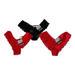 Sexy Lace Underwear Floral V-Back Thong Panties (Black+Red) 3 Pcs Size M NWT